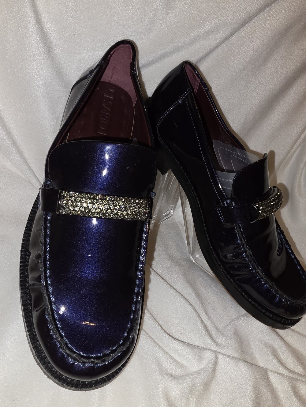 SARTO by Franco Sarto "Lizzy" Crystal Embellished Navy Patent Loafers EUC Sz 38